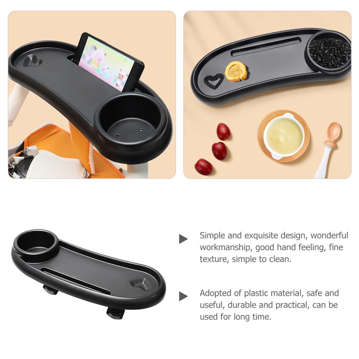 Plateau à Goûter Amovible pour Poussette Bébé, Porte-gobelet Intégré, Plastique Solide Noir, Accessoire Poussette Pratique pour Repas en Promenade, Installation Facile,