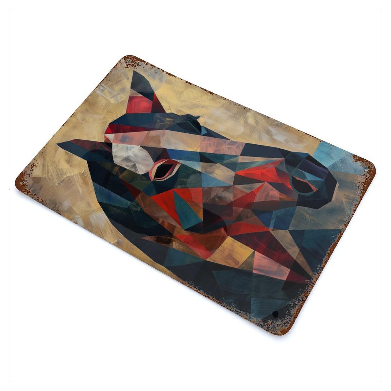 Aged Metal Wall Plaque with Geometric Horse Design 11.8"x7.9", for Cafe, Home Bar And Lounge Decor, Novelty Wall Decor
