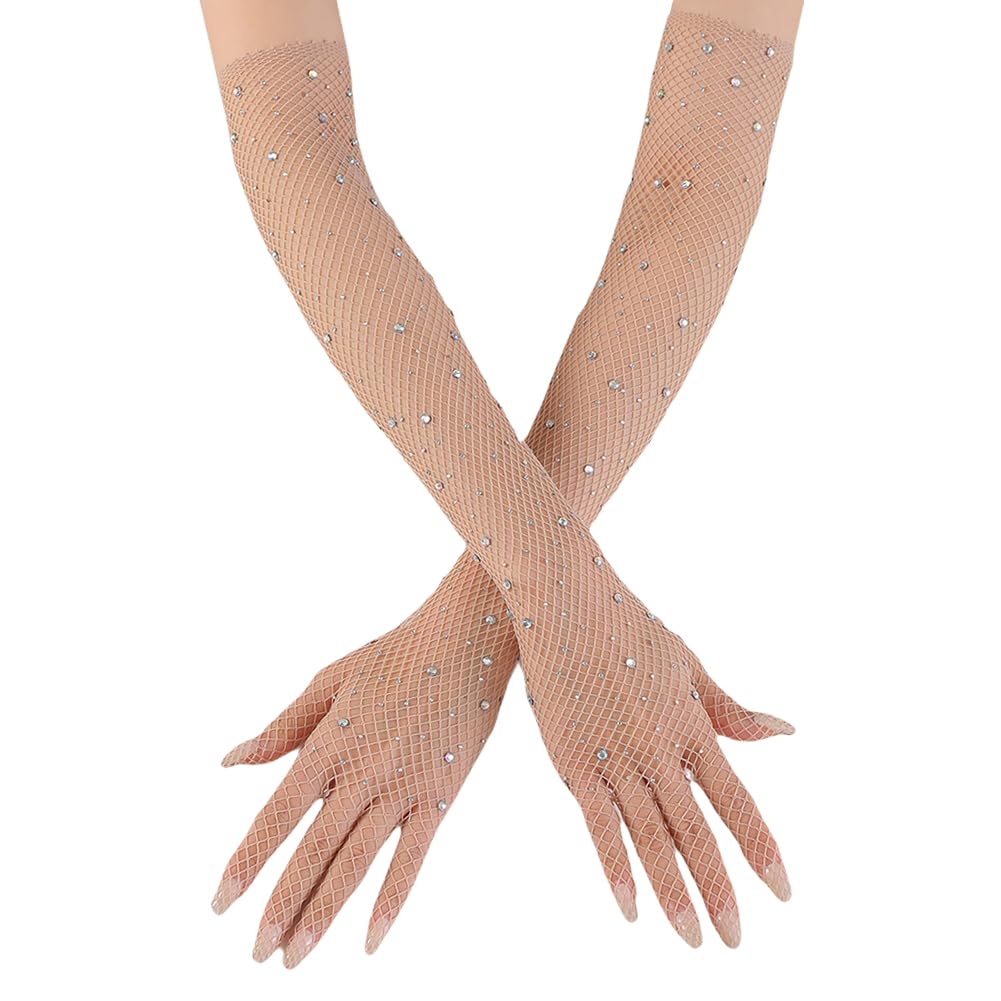 JIHUOO Rhinestone Long Sparkly Mesh Opera Gloves - Fishnet Halloween Costume Tea Party Gloves in Nude Color