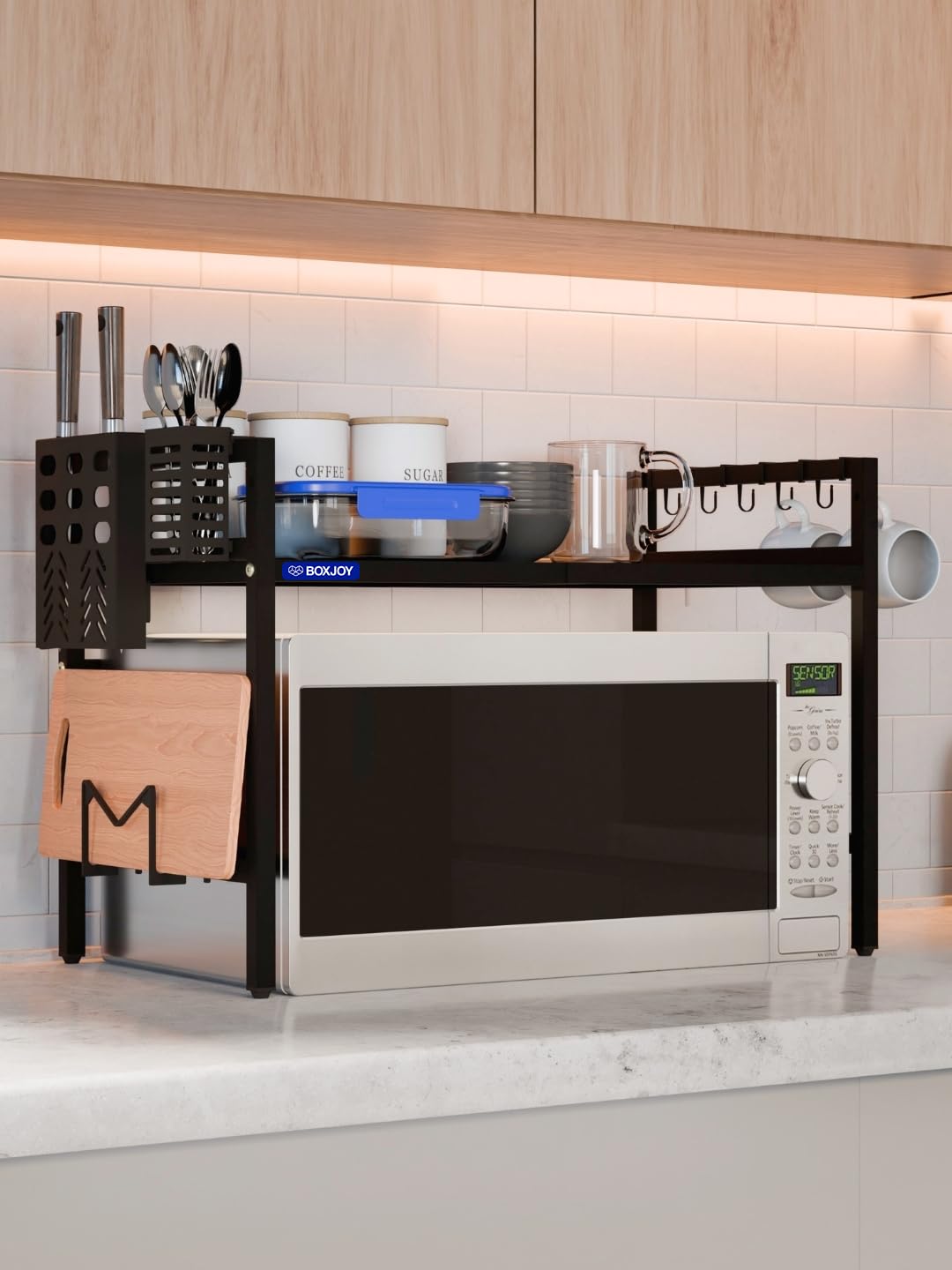 BOXJOY Expandable Metal Microwave Oven Stand for Kitchen Platform & Cabinet | Counter Storage Shelf with Hooks & Cutlery Holder Organiser | Adjustable Rack for Microwave, OTG, Air Fryer, Mixer Grinder-picture-13