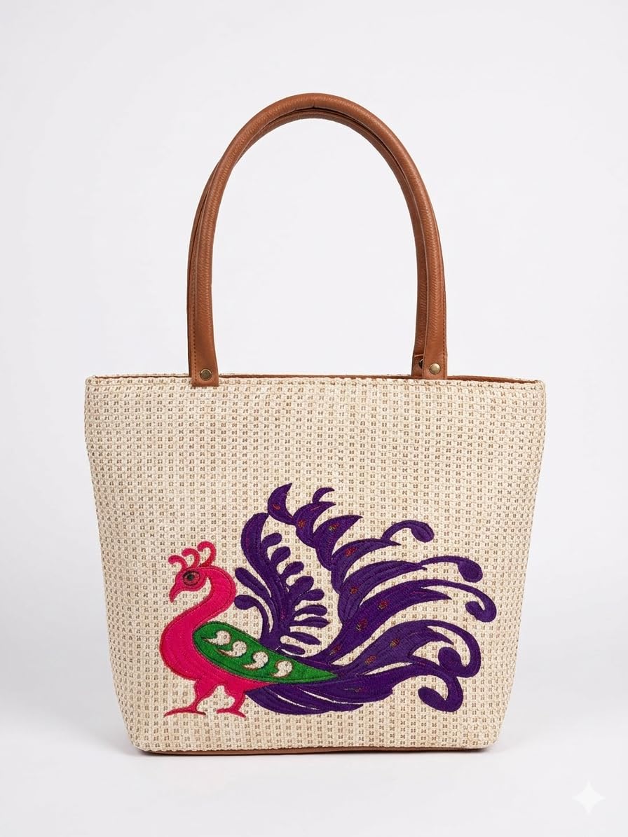 SP PREMIUM Handcrafted Peacock Embroidered Straw Tote Bag with Faux Leather Handles Boho-Chic Decorative Embroidered Tote for Women - Perfect for Beach or Shopping Texture Woven Handbag-picture-14