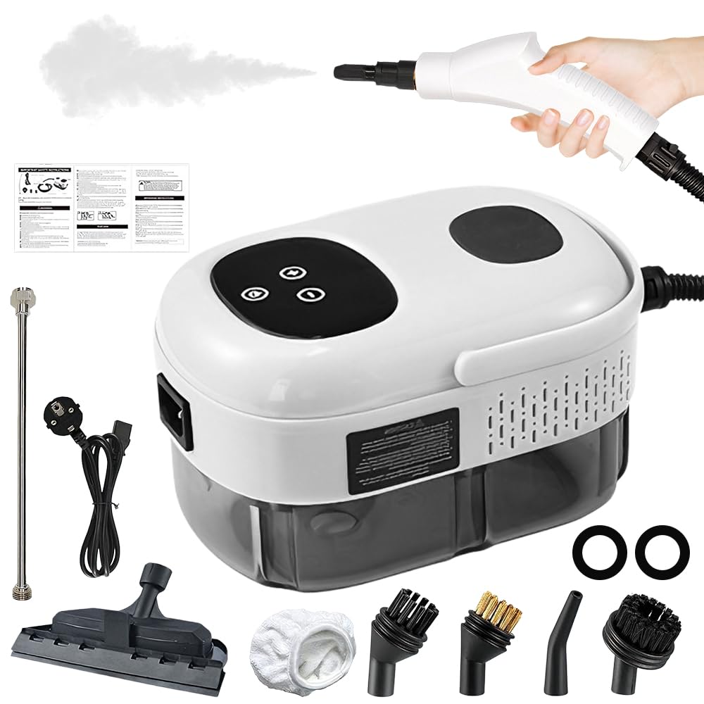 Tragbarer Dampfreiniger, 2500W Dampfreiniger Handgerät, Handdampfreiniger mit 1100ML Wassertank und 3 Bürstenköpfen, Hochdruck Dampfreiniger für Küche, Badezimmer, Auto, Teppiche (Weiß)
