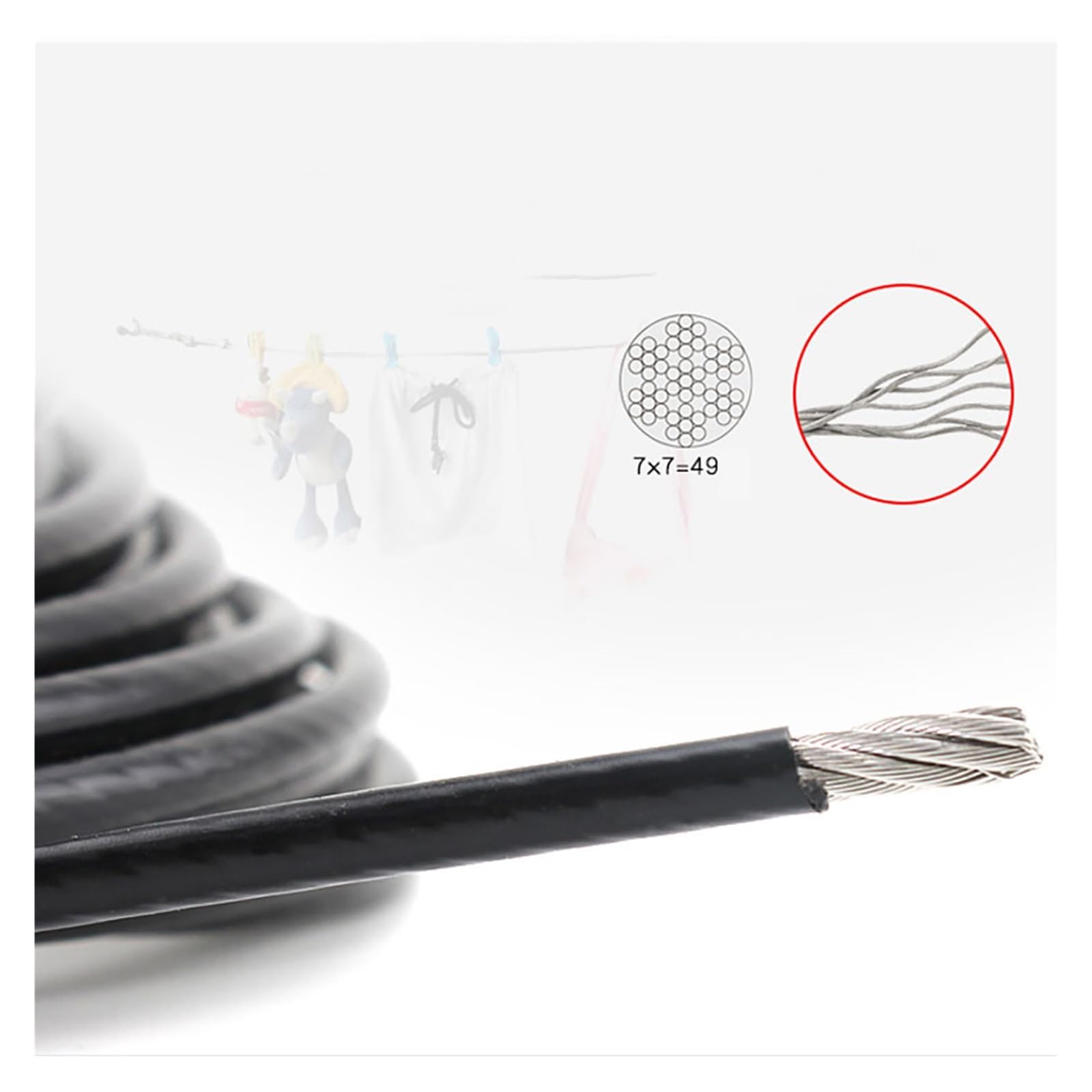 Câble métallique Flexible en Acier Inoxydable 304, 7 x 7/7 x 19, revêtement PVC Noir, 1 mm, 1,2 mm à 6 mm(1.5mm(7x7)-10meter)