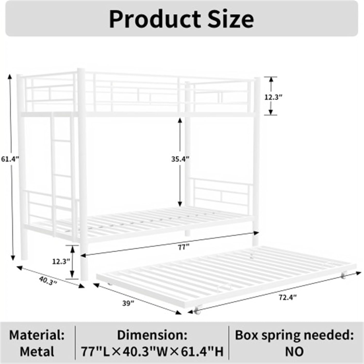 Heavy-Duty Sturdy Metal Twin Over Twin with Trundle Bunk Bed/l/Noise Reduced/Safety Guardrail/No Box Spring Needed,White