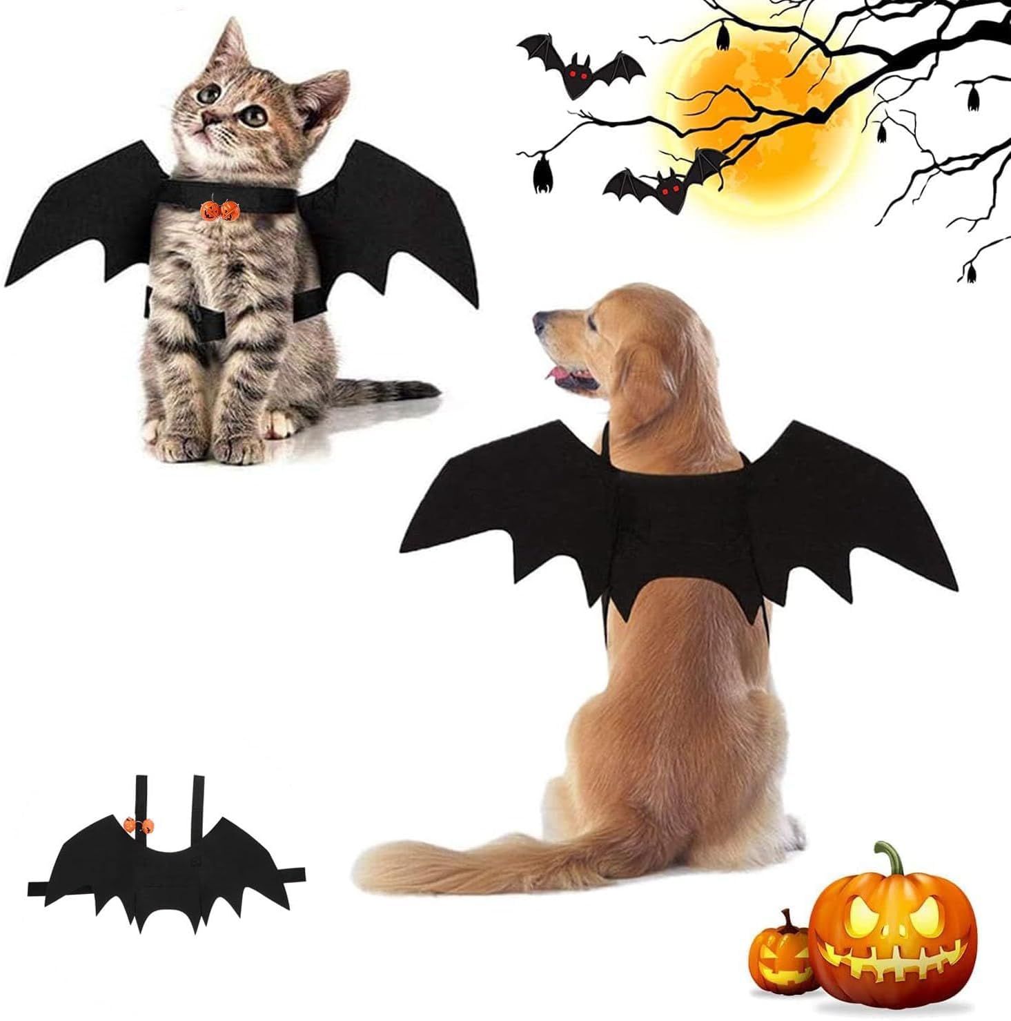 Alas de Perro, Disfraces de Halloween para Mascotas, Disfraz de Perro de murciélago de Halloween, Disfraz de murciélago para Gatos con Campanas de Calabaza, Decoración de Fiesta de murciélago, M
