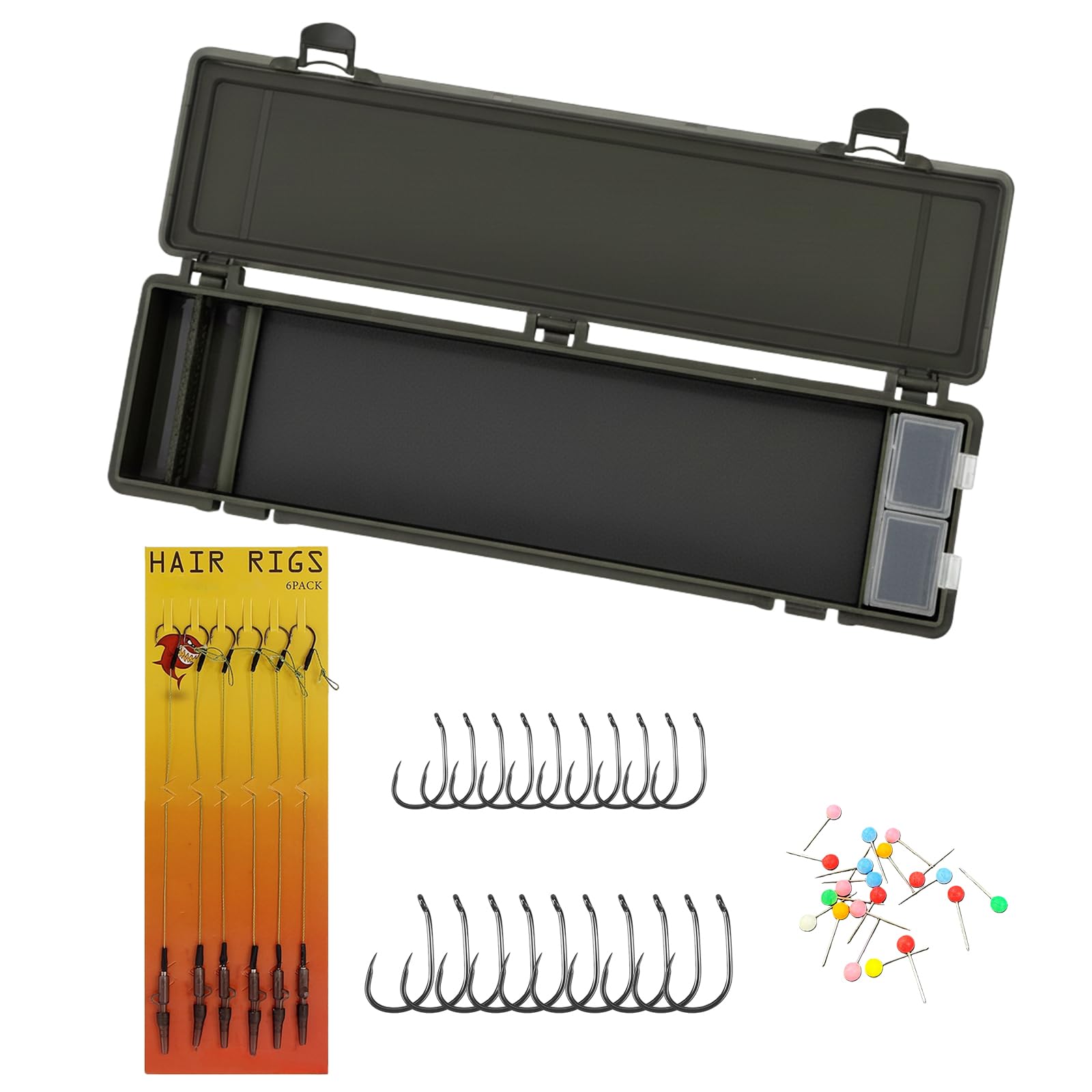 Hair Rig Tackle Box, Carp Fishing Storage Box Rig Board with 6pcs Hair Rigs, 20pcs Pins and 20pcs Barbless Fishing Hook in Rig Storage Box(Style 1 with Accessories)