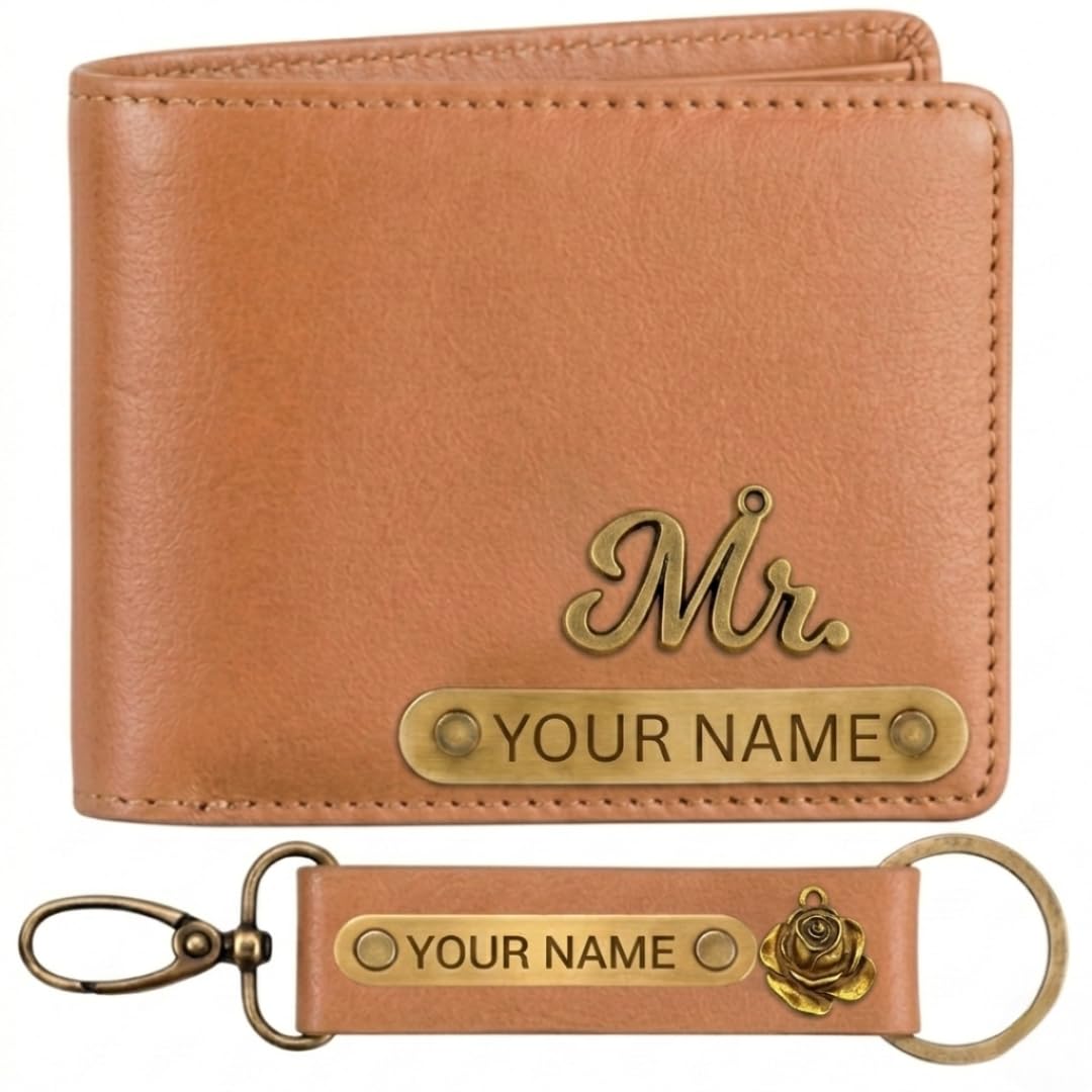 Zift Personalized Name & Charm Leather Wallet & Keychain Gift Set for Men | Custom Name Engraved Wallet with Keychain | Birthday Anniversary Diwali Corporate Gifts for Men (Caramel Tan)-image-21