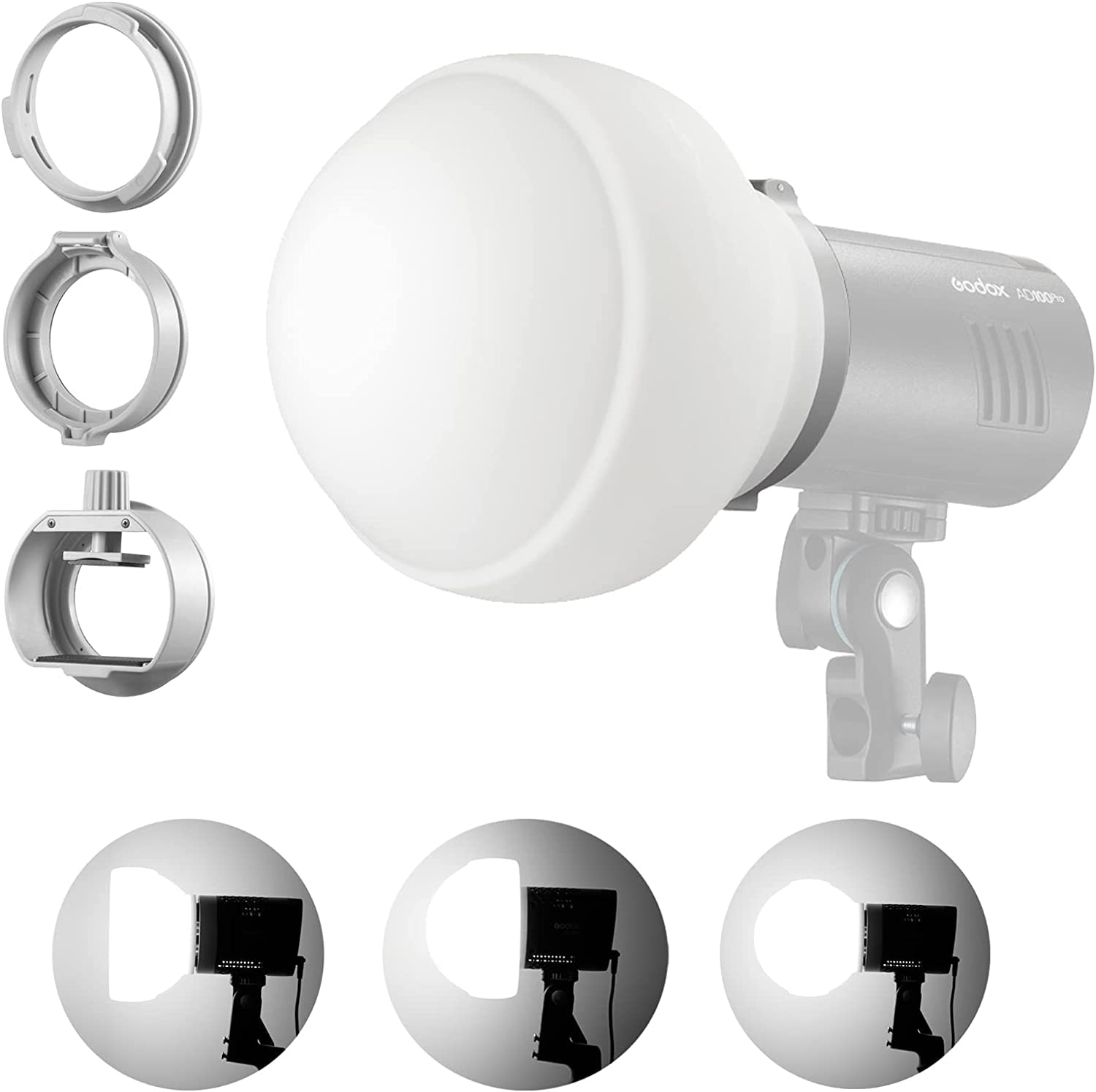 Godox ML-CD15 zestaw kopuły dyfuzyjnej (3 pierścienie adapterowe w zestawie), składana kopuła dyfuzora, dyfuzory do lampy błyskowej do ML30, ML30Bi, ML60, ML60Bi, V1S, V1C, V1N, V1O, V1F, V850III