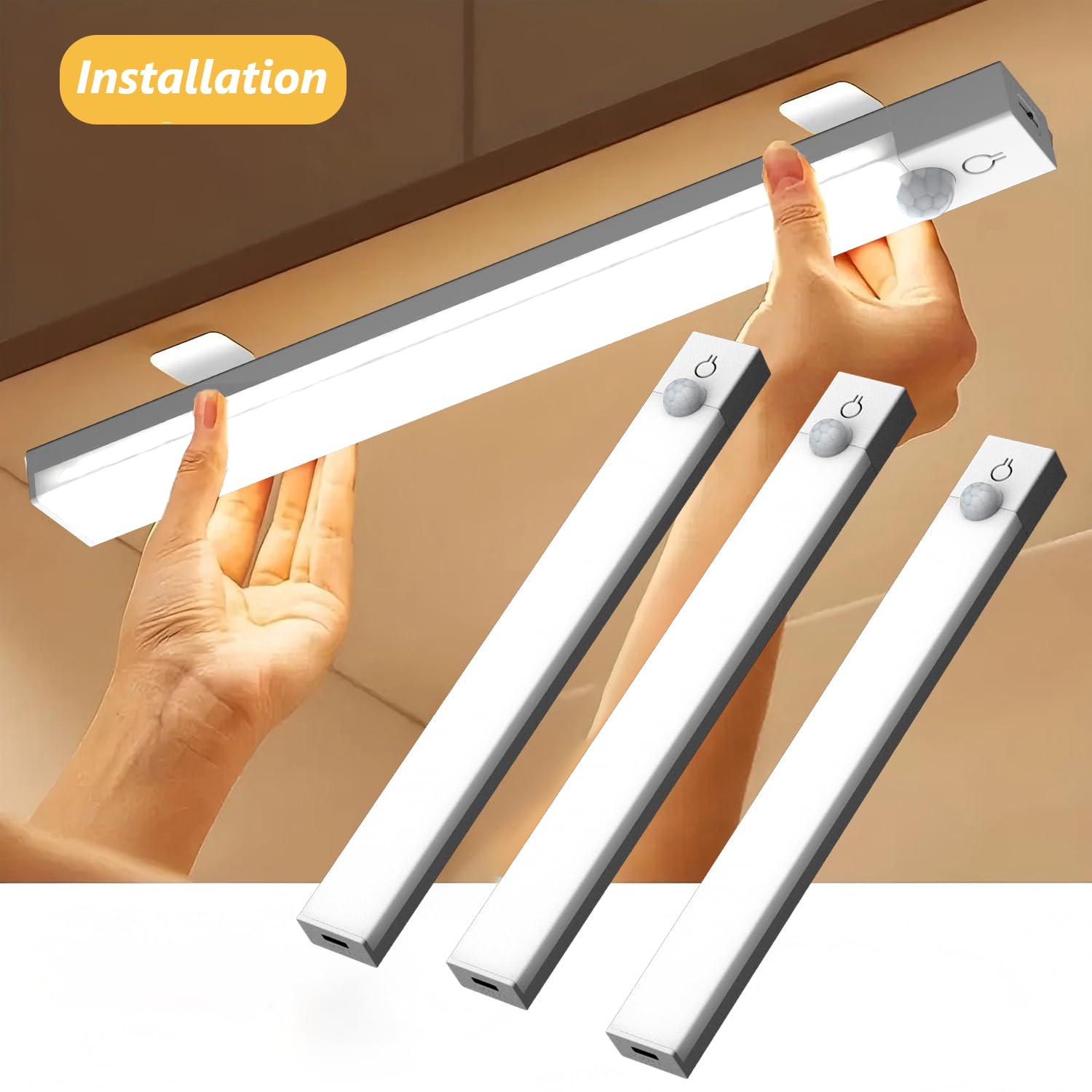 Iluminación para debajo del gabinete, luz recargable con sensor de movimiento de 8 pulgadas para interiores, 3 colores regulables, funciona con pilas, USB Stick en luces LED magnéticas debajo 9