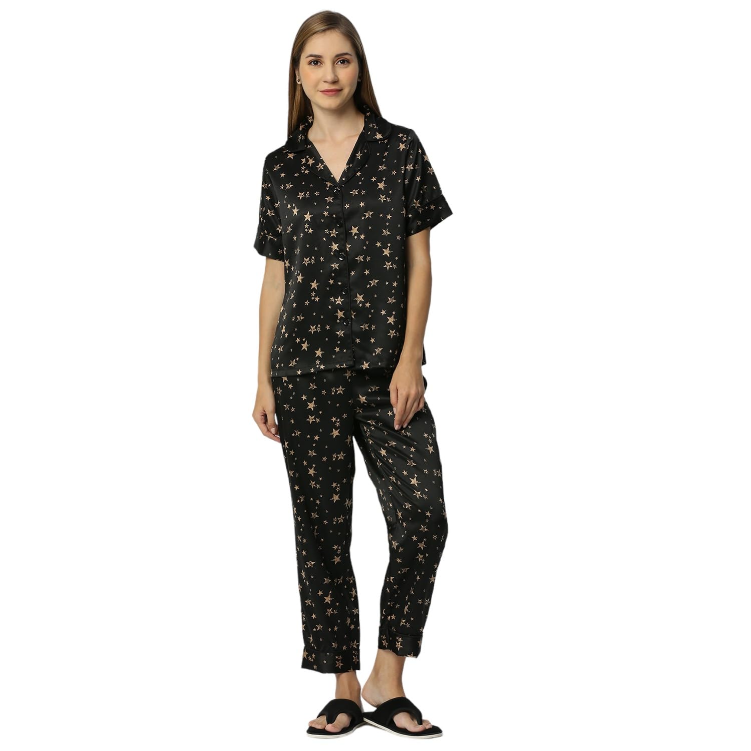 smarty pants Women's Silk Satin Black Color Star Print Night Suit.-picture-11