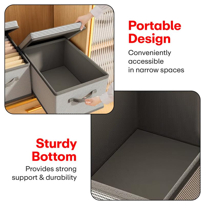 Image of Prime Pick Premium Storage Box Foldable Non Woven Cloth Organizer with Lid Reinforced Handles Washable Wardrobe Storage Bin for Clothes Almirah Drawer Grey XXL Size Pack of 4