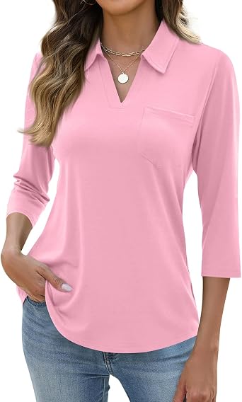 Golf Shirts for Women Summer 3/4 Sleeve Moisture Wicking Tennis Polo Shirts Collared Shirt Casual Workout Tops