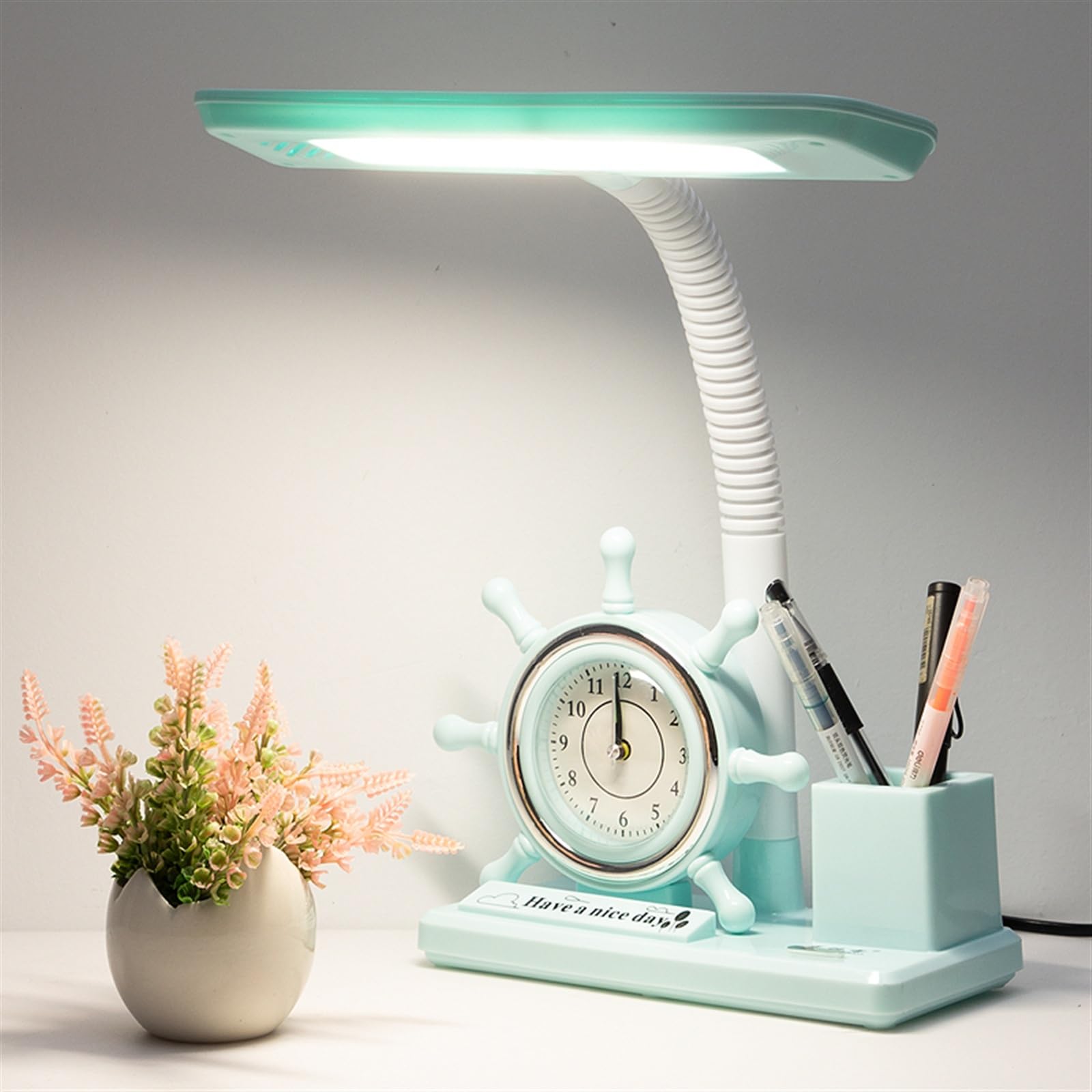 lampe de bureau Lampe de bureau avec protection des yeux, lampe de bureau LED enfichable avec petit réveil et porte-stylo, 3 modes d'éclairage, interrupteur à bouton lampe de lecture ( Color : Blauw )