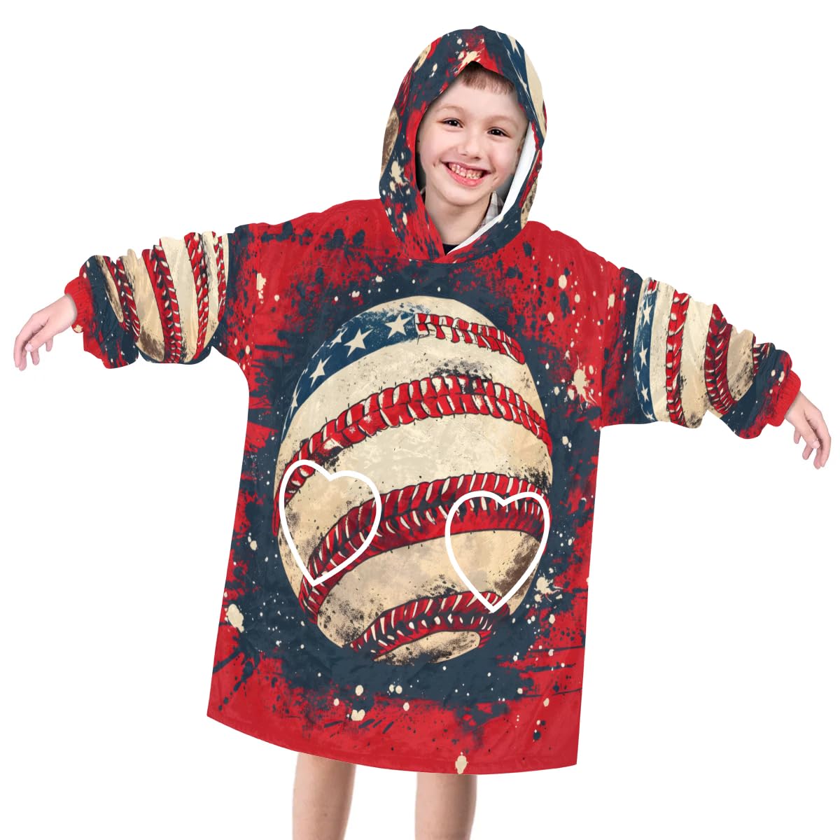 Wearable Blanket Hoodie for Kids, Oil Painting Baseball Fleece Sweatshirt Blanket Oversized Blanket Sweatshirt with Pocket Flannel Warm Hooded Blanket 6-10 Year Old Girl Boy Gift, One Size