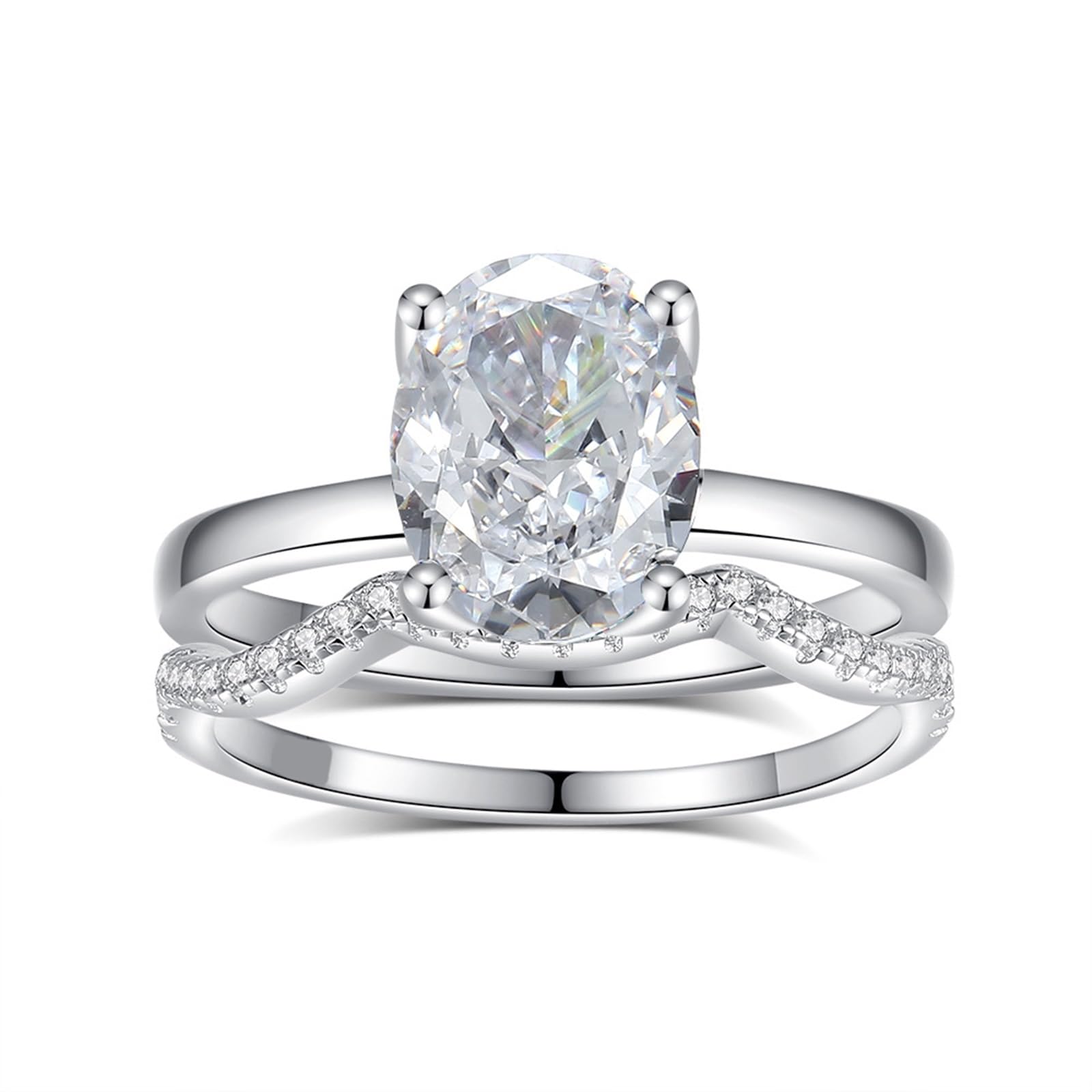 Set di anelli di fidanzamento in oro bianco 18 carati, personalizzabili, eleganti e ondulati da 2,5 carati, ovali con moissanite StackerRing da donna