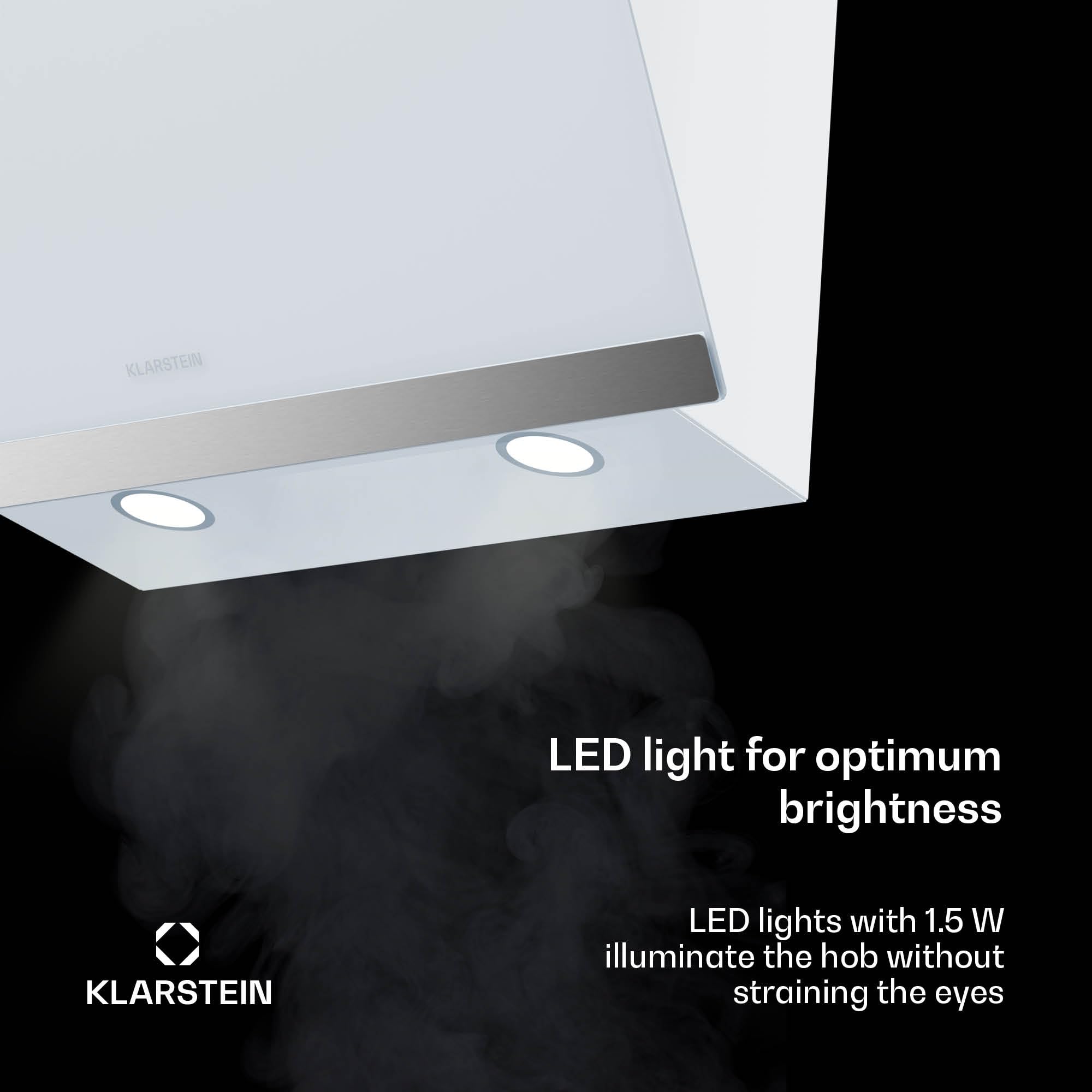 Klarstein FlashLine Okap kuchenny – Okap skośny 60 cm, Ekran dotykowy, Przepływ 578 m³/h, Klasa energetyczna A++, Oświetlenie LED, 34,5 dB, Biały, Tryb wyciągu i recyrkulacji