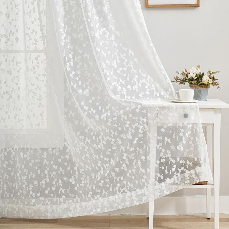 Treatmentex Cortinas Translucidas de Hojas Blancao, Cortinas Modernas para Sala de Estar Juego de 2 Piezas, Cortinas Decorativas para Dormitorio con Ojales,140x245cm