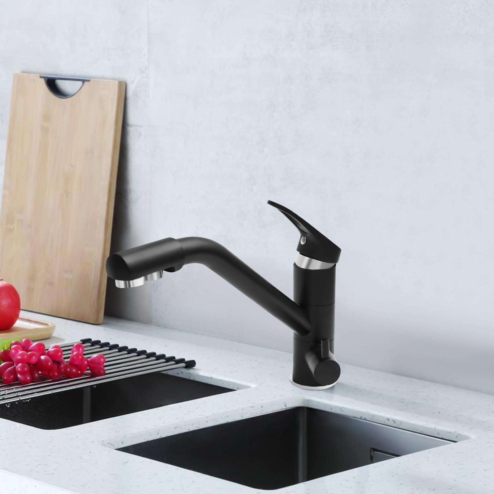 Grifo de 3 vías, grifo de agua potable, giratorio 360°, grifo mezclador de cocina con dos asas de control, grifo mezclador de cocina 3 en 1, adecuado para baños, lavabos