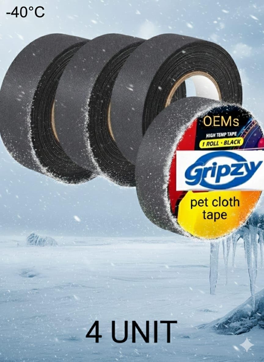 Gripzy Pack of 4 Automotive Wiring Harness PET Fibre Cloth Tape (19mm x 50ft) | 0.20mm (200 Micron) Thick | -40°C to +180°C Heat Resistant, Waterproof, Fire & Noise Dampening. 4