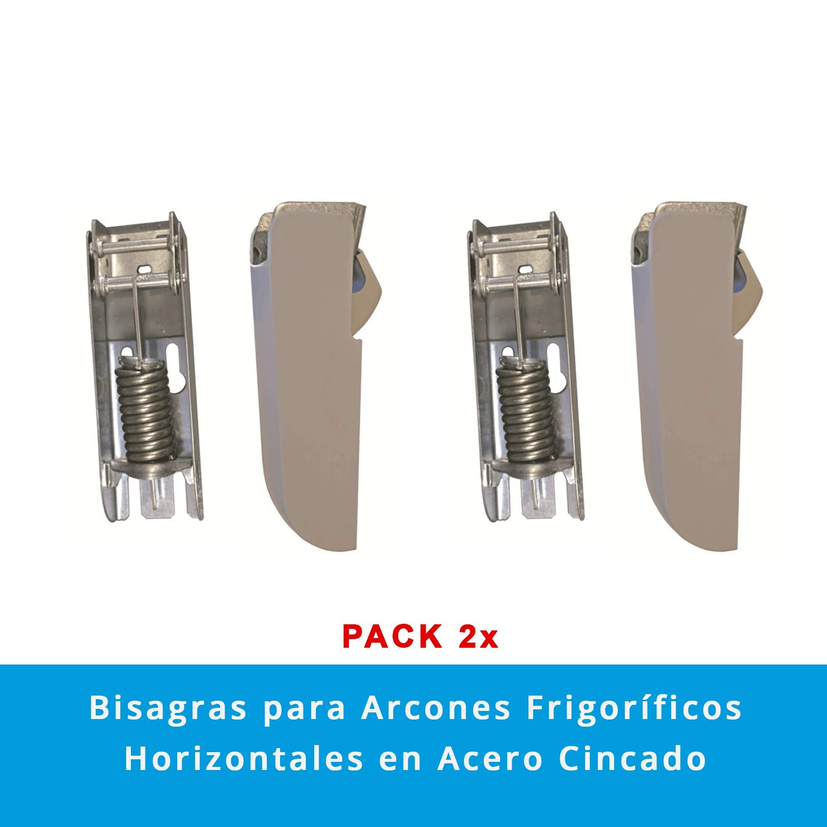 Pack x2 Bisagras con Muelle de 4,5 mm en Acero Cincado para Puerta Superior tipo Arcón o Cofre de congelados | Con embellecedores en poliestireno anti-choque blanco