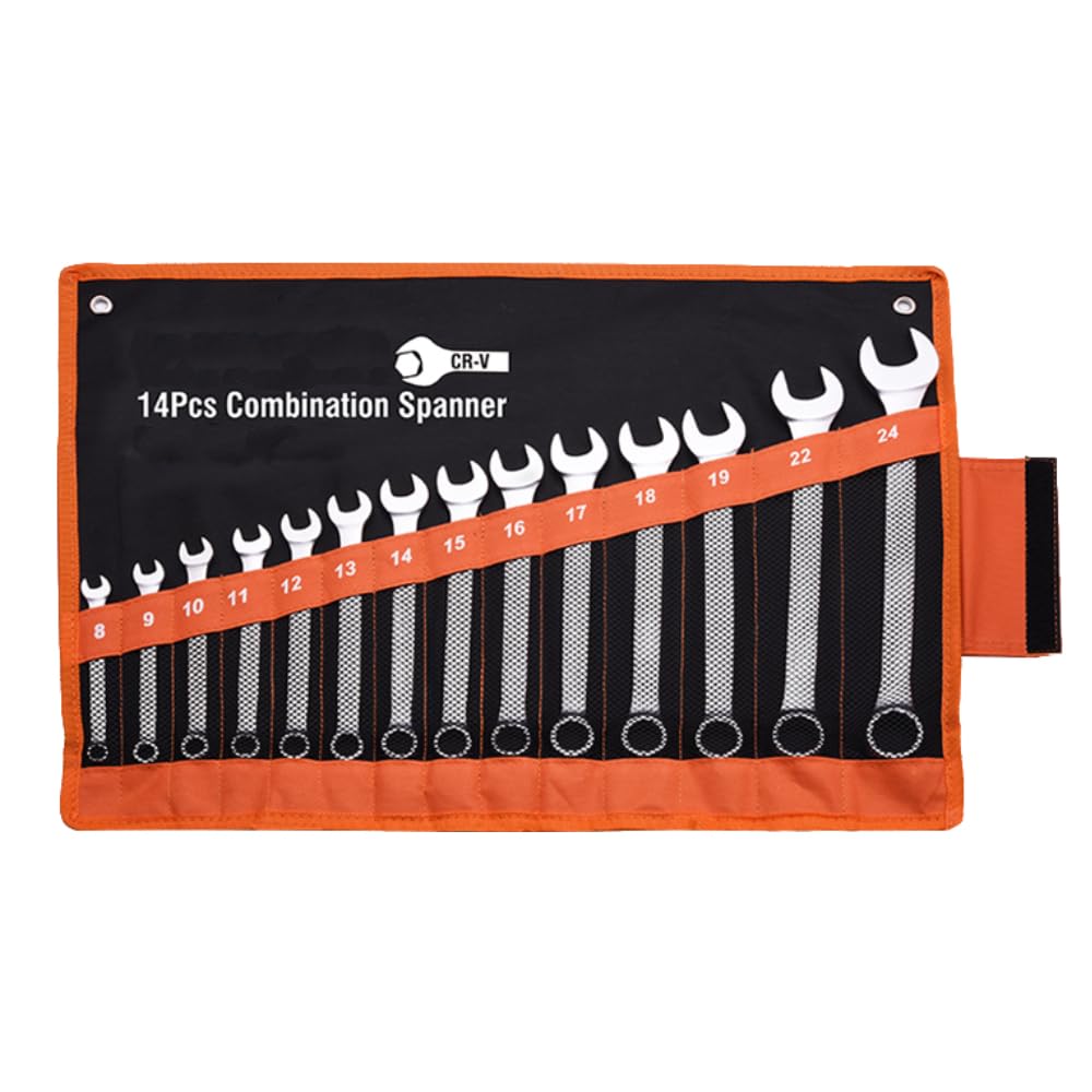 Edward Tools Pro Combination 14 Piece Wrench Set Metric - Heavy Duty CR-V Steel - 8mm to 24mm - Vanadium Steel - Matte Chrome Plated Finish - Anti