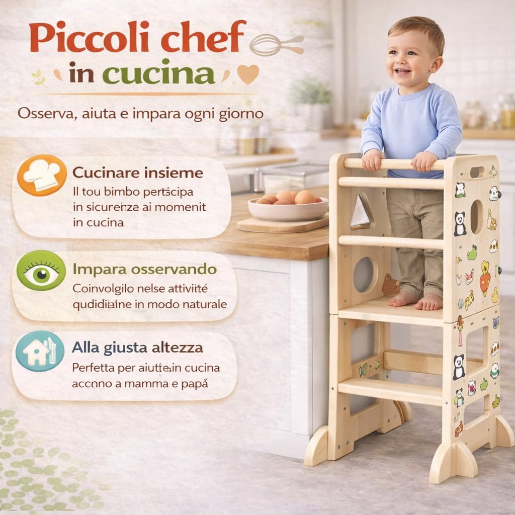 Torre Montessoriana Pieghevole 3 in 1 in Legno - Scala Montessori Stabile e Antiscivolo, Lavagna e Tavolino per Bambini di 18 Mesi per Stimolare Autonomia e Creatività (120 Adesivi Inclusi) - 5