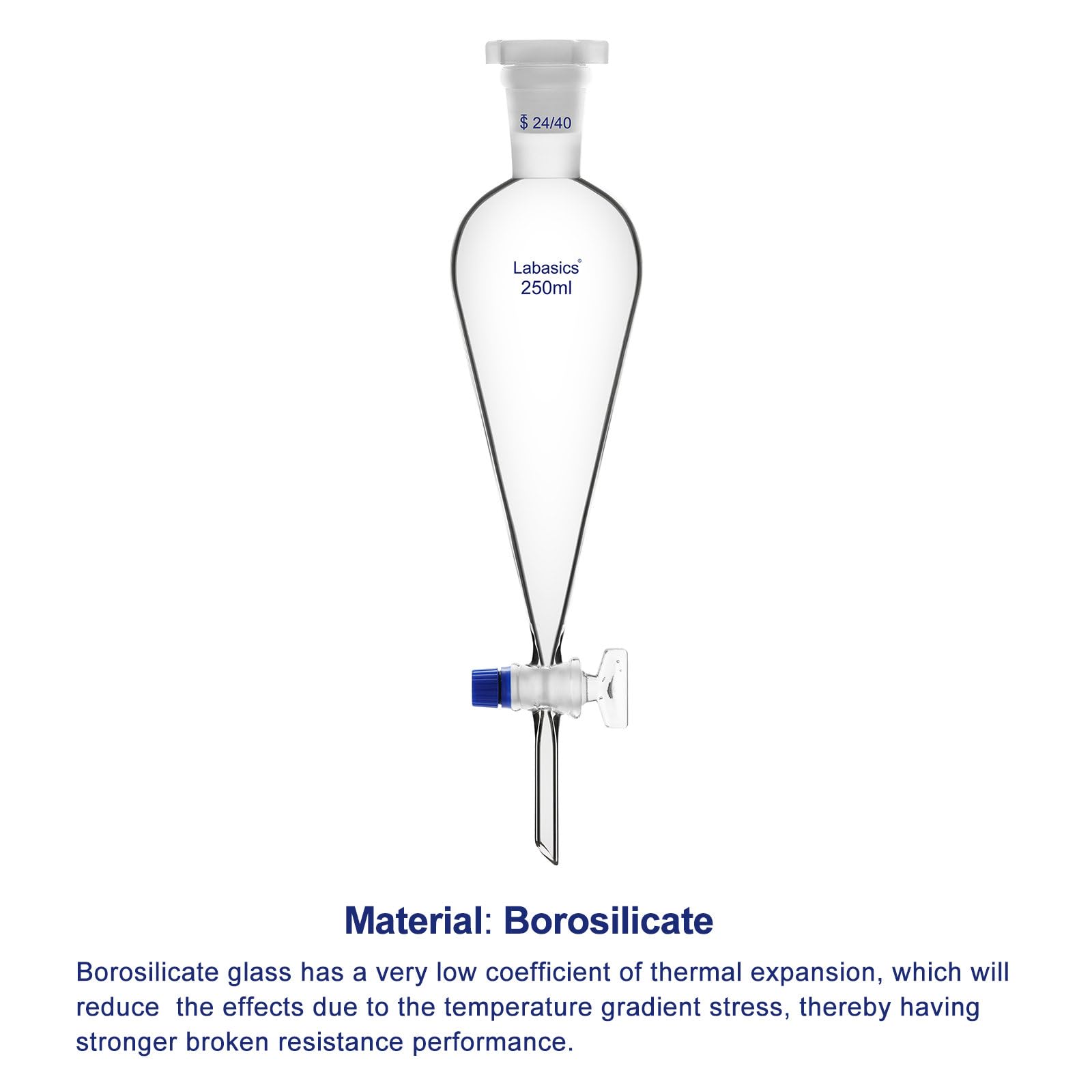 Labasics Imbuto Separatore Conico in Vetro Borosilicato 250 ml con Rubinetto in Vetro, Ideale per la Separazione dei Liquidi in Laboratorio