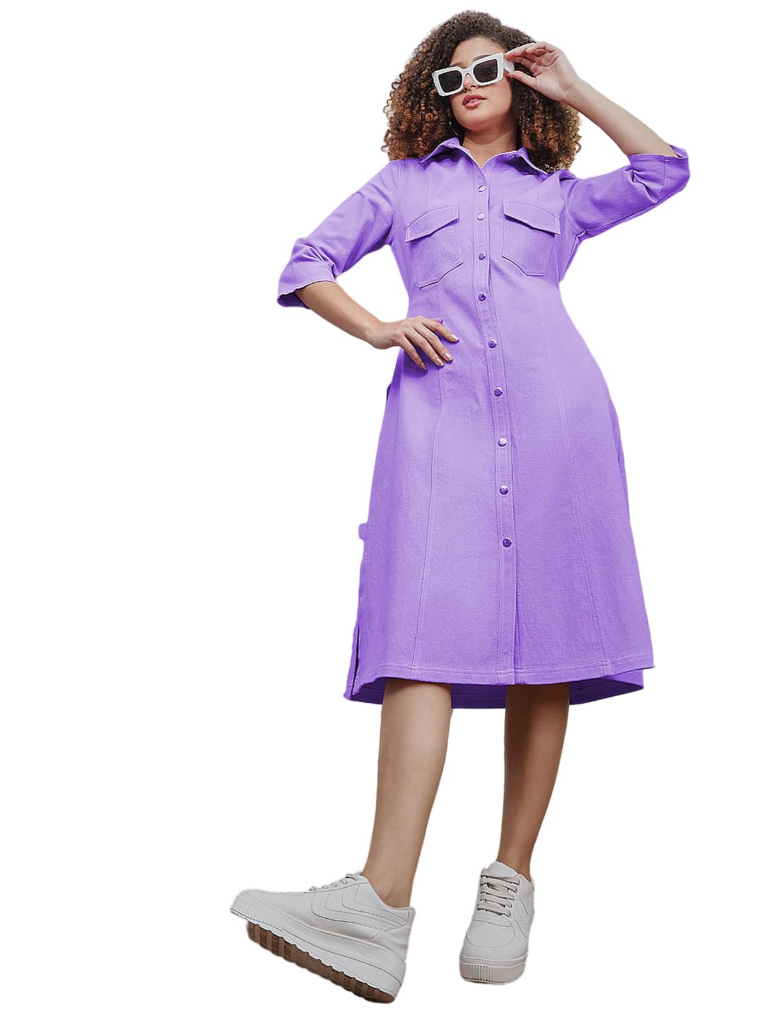 athena lifestyle Women and Girls Cotton Shirt Collar Solid Print Midi Length Three-Quarter Sleeves Lavender Casual Dress-picture-15