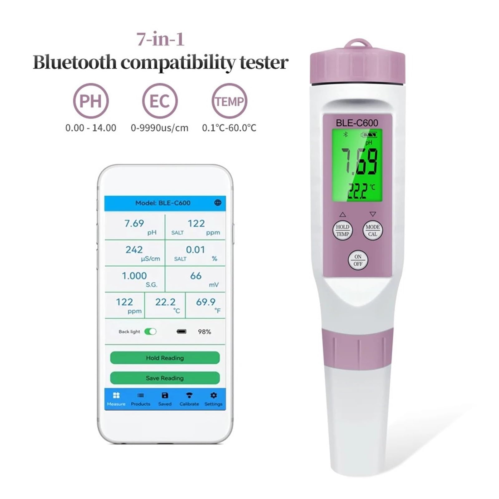 Testeur d'eau Ph-mètre Numérique 7 en 1, Testeur De Qualité l'eau, for Aquariums d'eau Potable, PH/TDS/EC/ORP/salinité/SG/Temp Polyvalent Précis Facile(Bluetooth ph Meter)