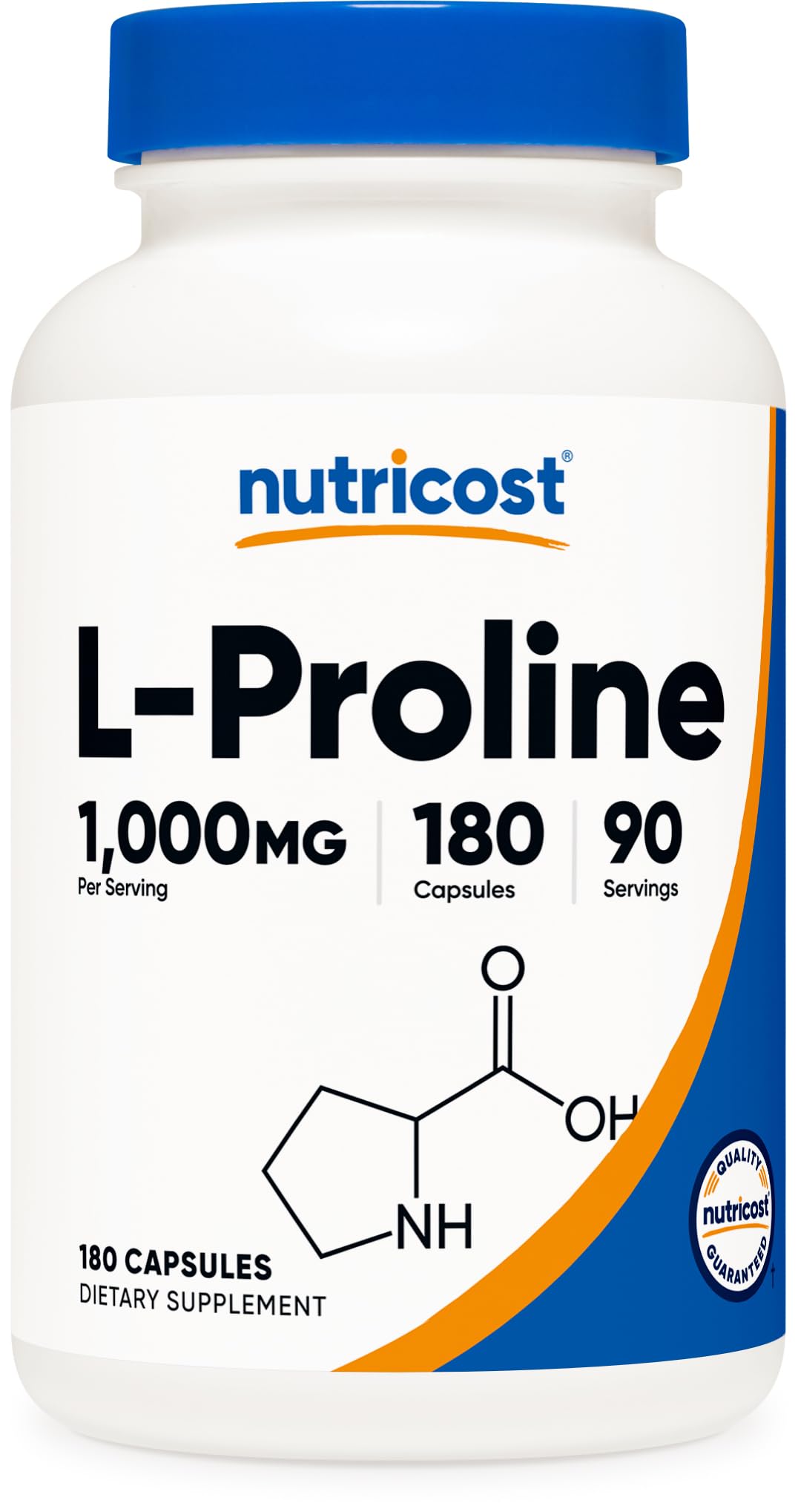 L-Proline 1000mg, 180 Capsules (90 Servings) - 500mg Per Cap, Non-GMO, Gluten Free