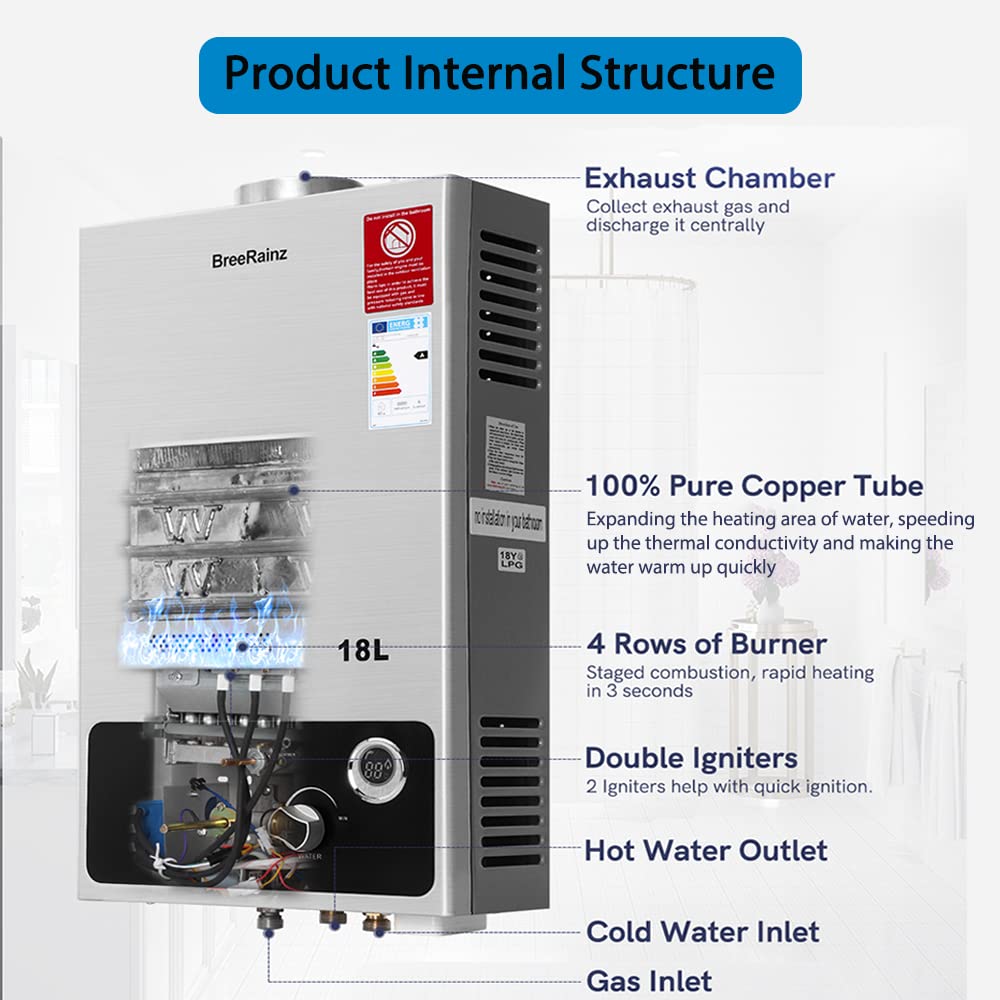 BreeRainz Scaldabagno a Gas 18LPM,36KW Scaldabagno Istantaneo a Propano,Funziona a Bassa Pressione dell'Acqua di Partenza Super Bassa, per Case,Cabine Esterno