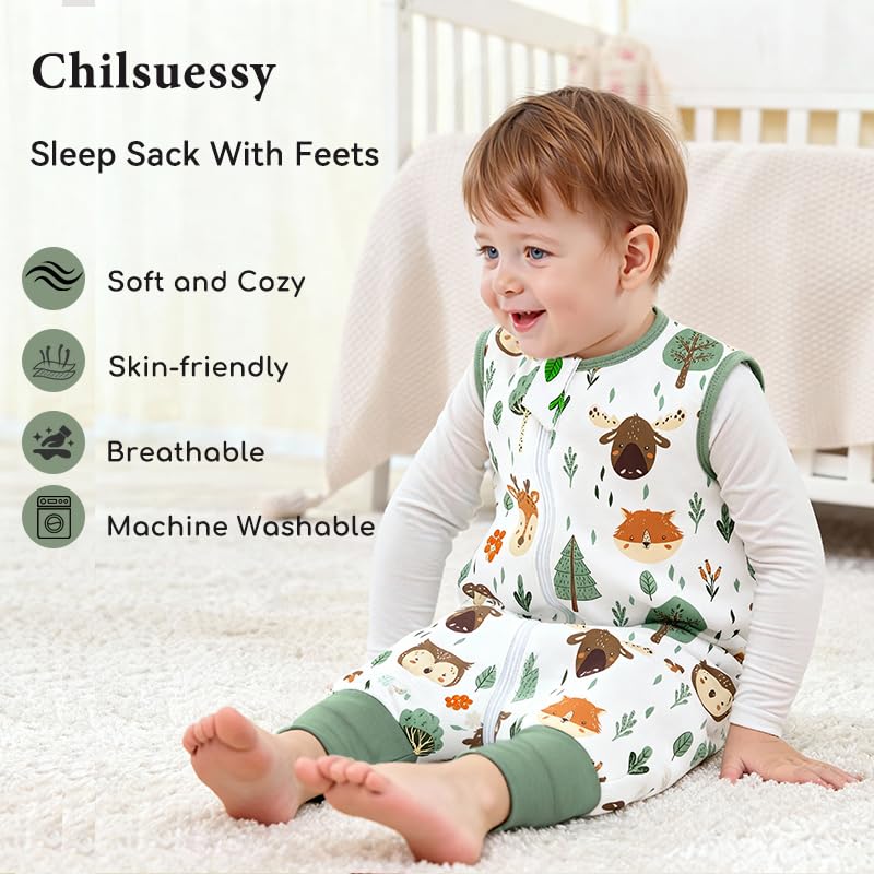 Image of Chilsuessy Toddler Sleep Sack with Feet 3-4 T, 1.0 TOG Cotton Baby Wearable Blanket with Legs, Sleep Bag Walker with 2-Way Zipper, Forest Animals+Green