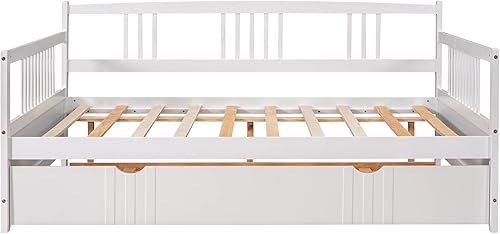 Miniatura 94 de Flieks Sofá cama de madera de tamaño individual con dos cajones de almacenamiento y soporte de 10 listones de madera (blanco)