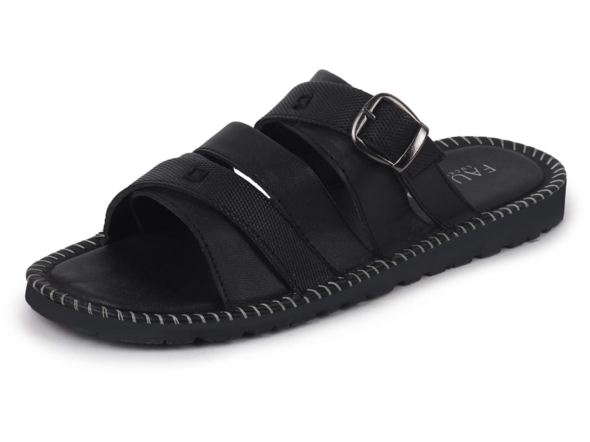 FAUSTO FST KI-9954 BLACK-42 Mens Black Slip On TPR Sole Side Stitch Outdoor & Indoor Slippers (8 UK) (B09RQML34Q) Amazon Price History, Amazon Price Tracker