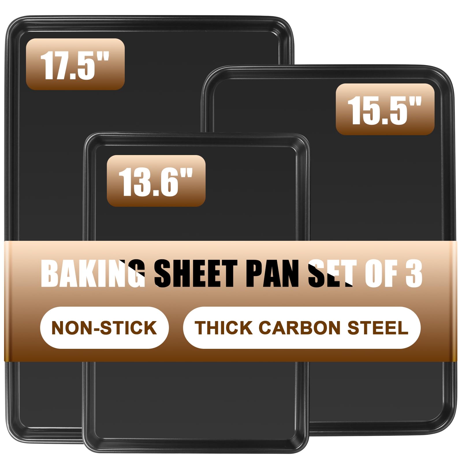 Baking Sheet Pan Set of 3, Commercial Cookie Sheets for Baking, Nonstick Half/Quarter/Jelly Roll Pans Replacement Toaster Oven Tray, Heavy Duty & Easy Clean, Dark Black