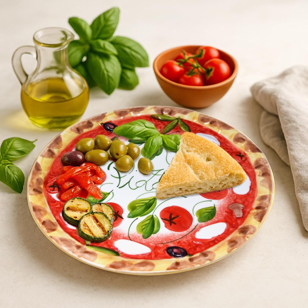 Lashuma Handgemachter Pizzateller Tomate Mozzarella aus Italienischer Keramik, Großer Teller Rund 33 cm