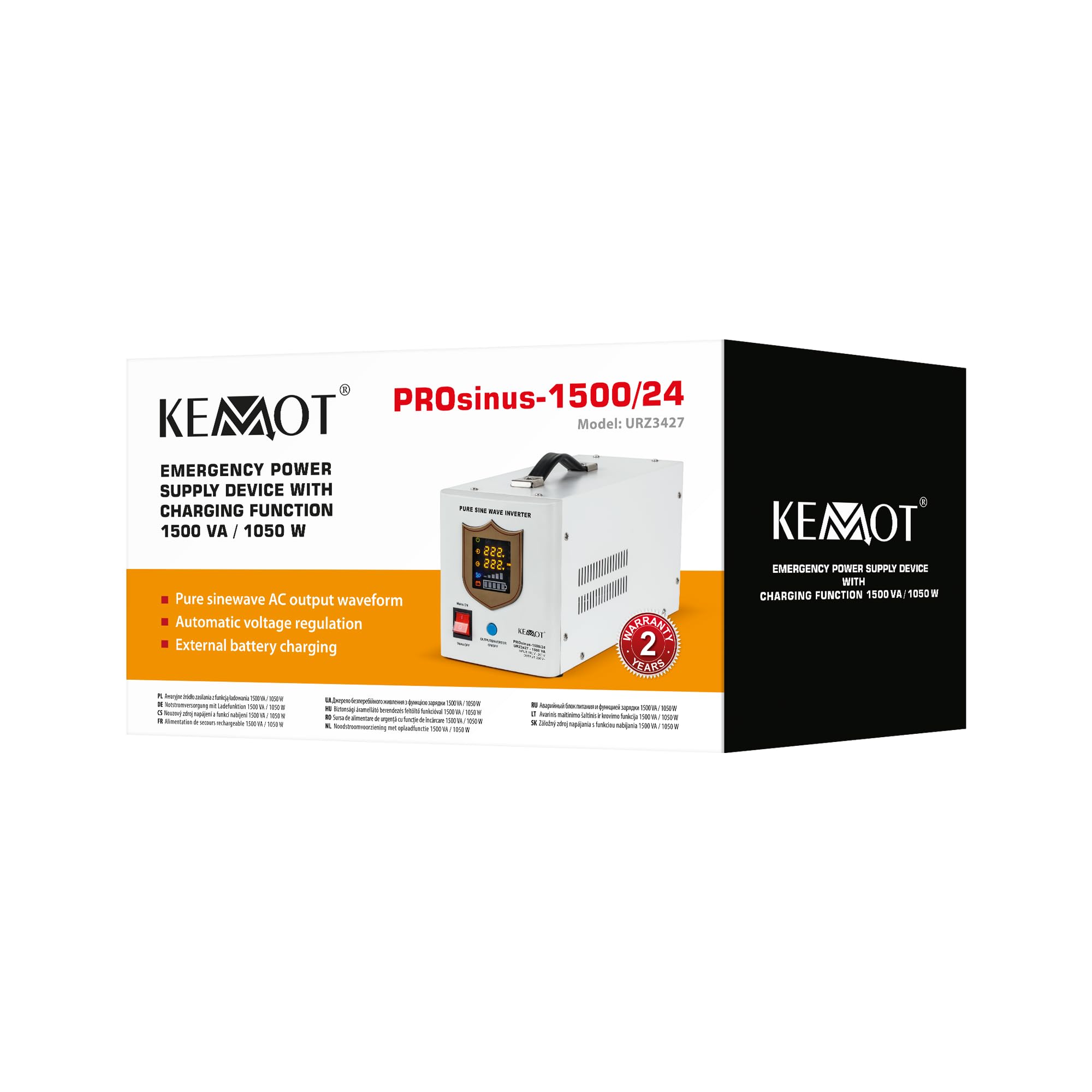 Kemot Zasilacz Awaryjny PROsinus-1500 URZ3427 Przetwornica Z Czystym Przebiegiem Sinusoidalnym I Funkcją Ładowania 24V 230V 1500VA/1050W