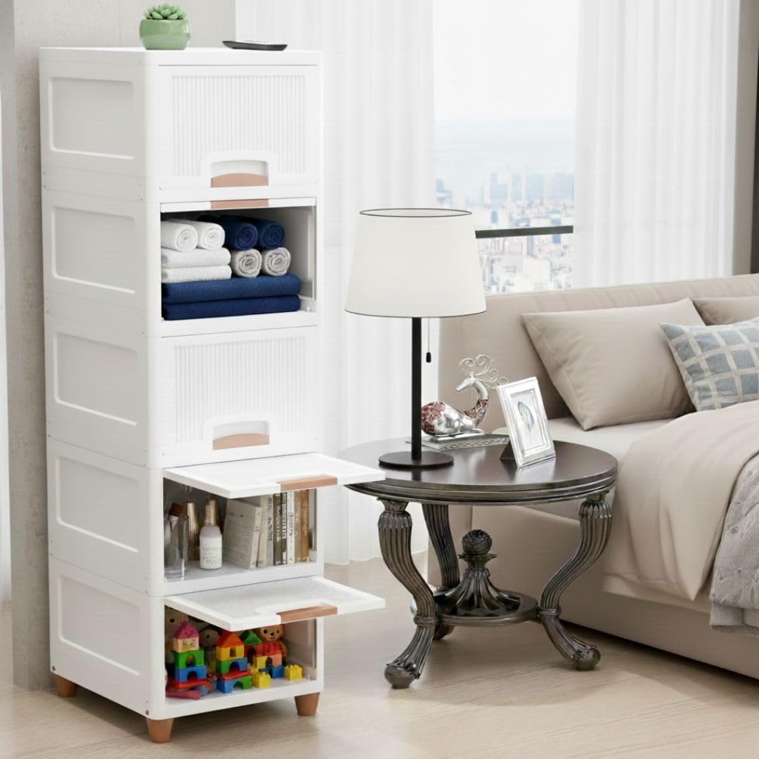 Aliensware 5Pcs Cabinet Storage Organizer for Clothes/Space-Saving Cupboard/Plastic Almirah for Cloth/Foldable Kid Wardrobe for Toys/Stackable Cabinet for Home, Bedroom, Bathroom, Kitchen (White)-picture-23