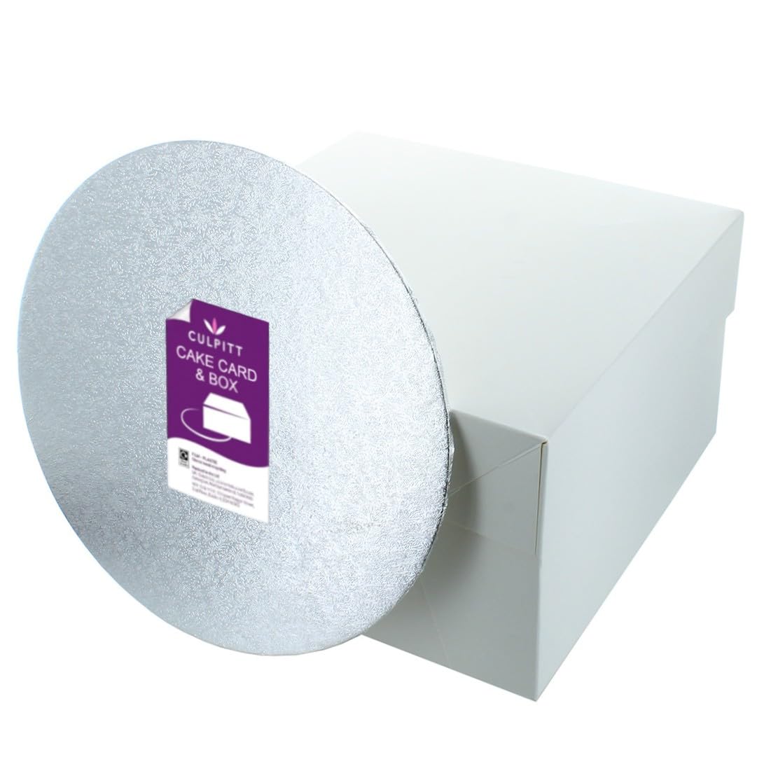 Culpitt 10" Round Silver Cake Card & White Box Combo, 3mm Turned Edge Board and For Sponge Cakes, Muffins, Cupcakes