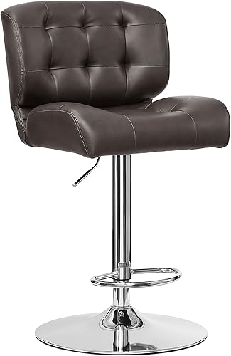Powell Collier - Taburete de bar con respaldo de piel sintética marrón y base cromada pulida con asiento ajustable giratorio ABS