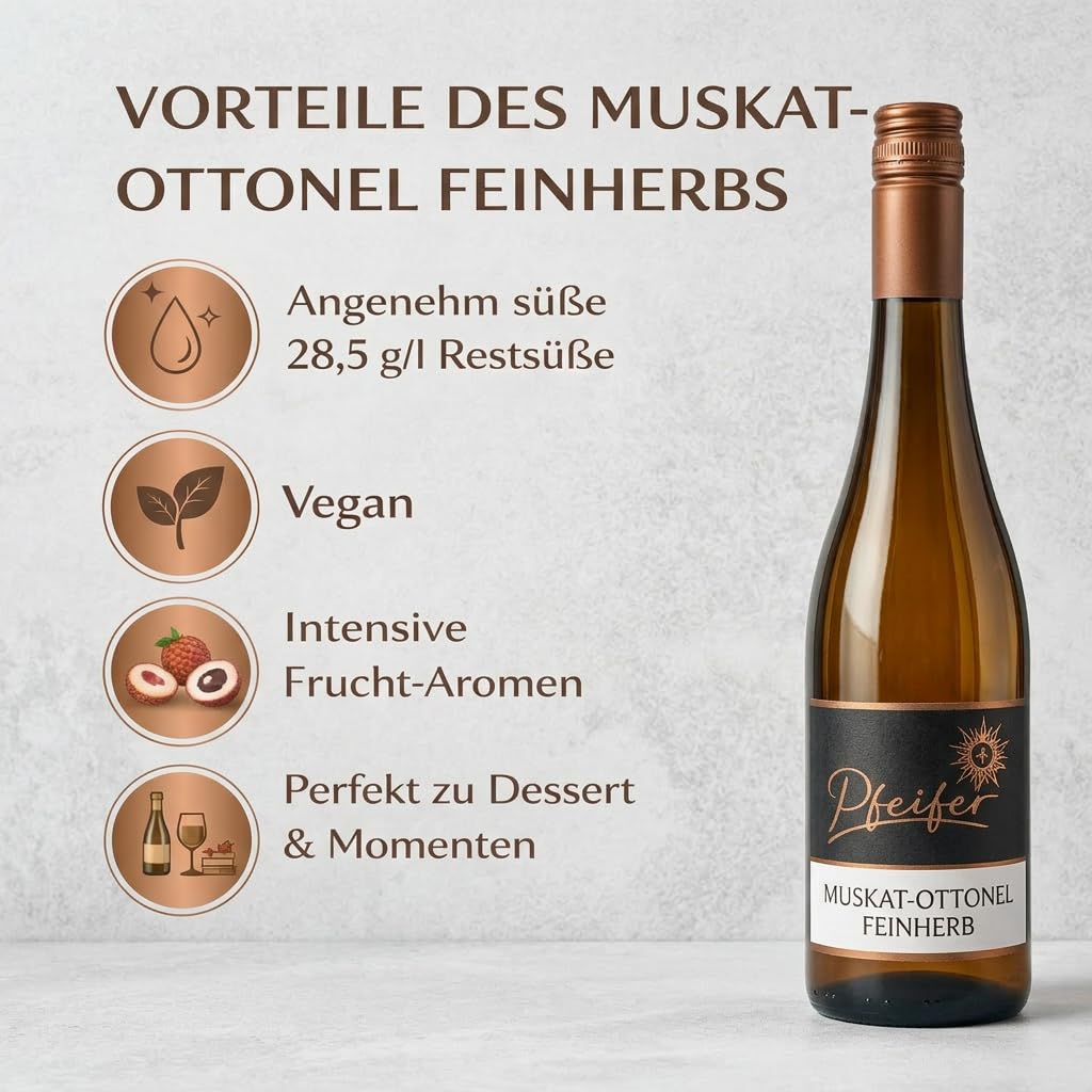 Muskat Ottonel Feinherb Weißwein 6x 0,75L – Aromatischer Weißwein Fruchtig & Blumig – Angenehme Restsüße (28,5 g/l) – Frische Säure (6,7 g/l) – Perfekt als Aperitif & zu Leichten Speisen