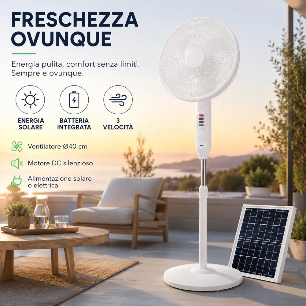 BAKAJI Ventilatore a Piantana a Batteria con Pannello Solare e Luce Nottura, Air Fun con 3 Velocità Selezionabili e Consumi Ridotti, Diametro 40 cm e Altezza Totale 120 cm, Potenza 7W, Silenzioso