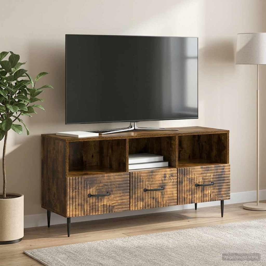 Szafka pod telewizor, dąb wędzony, 102 x 34,5 x 50 cm, materiał drewnopochodny z 3 szufladami, metalowe nogi czarne, meble multimedialne do salonu, kina domowego, porządek