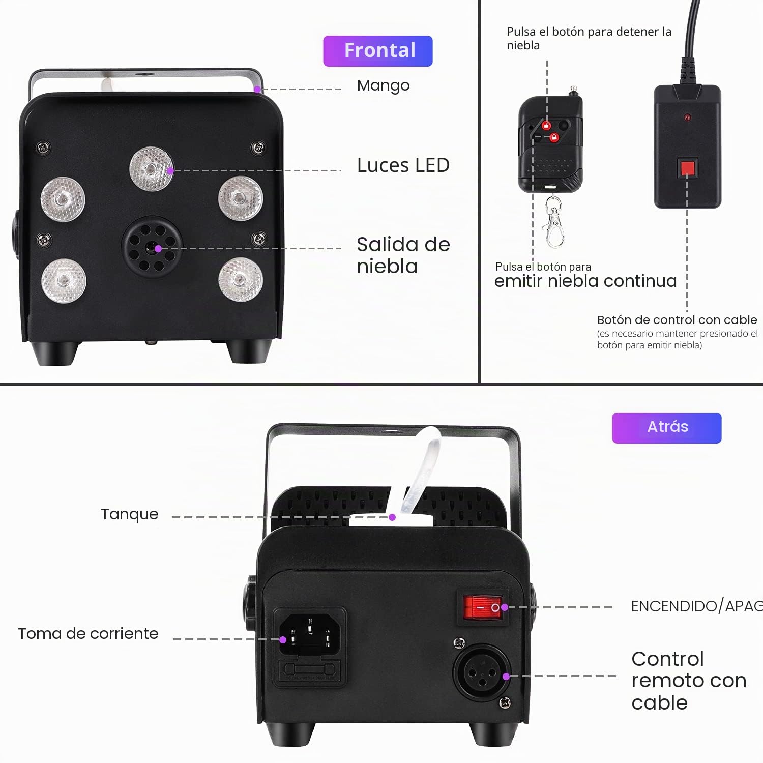 Máquina De Humo, Mini Máquina De Humo de 500 W con 5 Luces LED, Máquina De Humo con Efecto RGB con Control Remoto Inalámbrico para Fiestas De DJ,Presentaciones en El Escenario y Halloween/Navidad