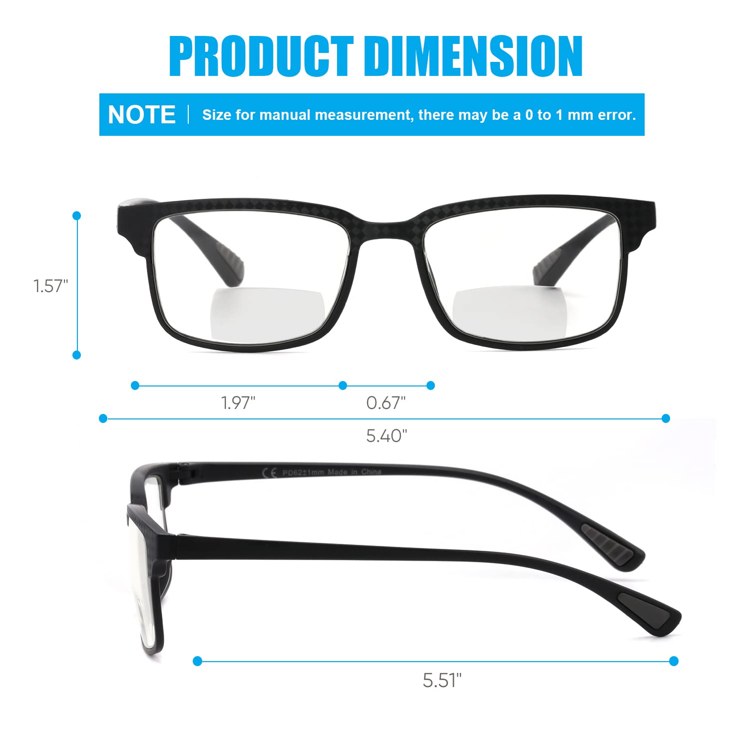 CARA 2er Set progressive Lesegläser Multifocus flexibel und leicht TR90 mit Blaulicht-Blockierung Bifokal Linse: schwarz und blau