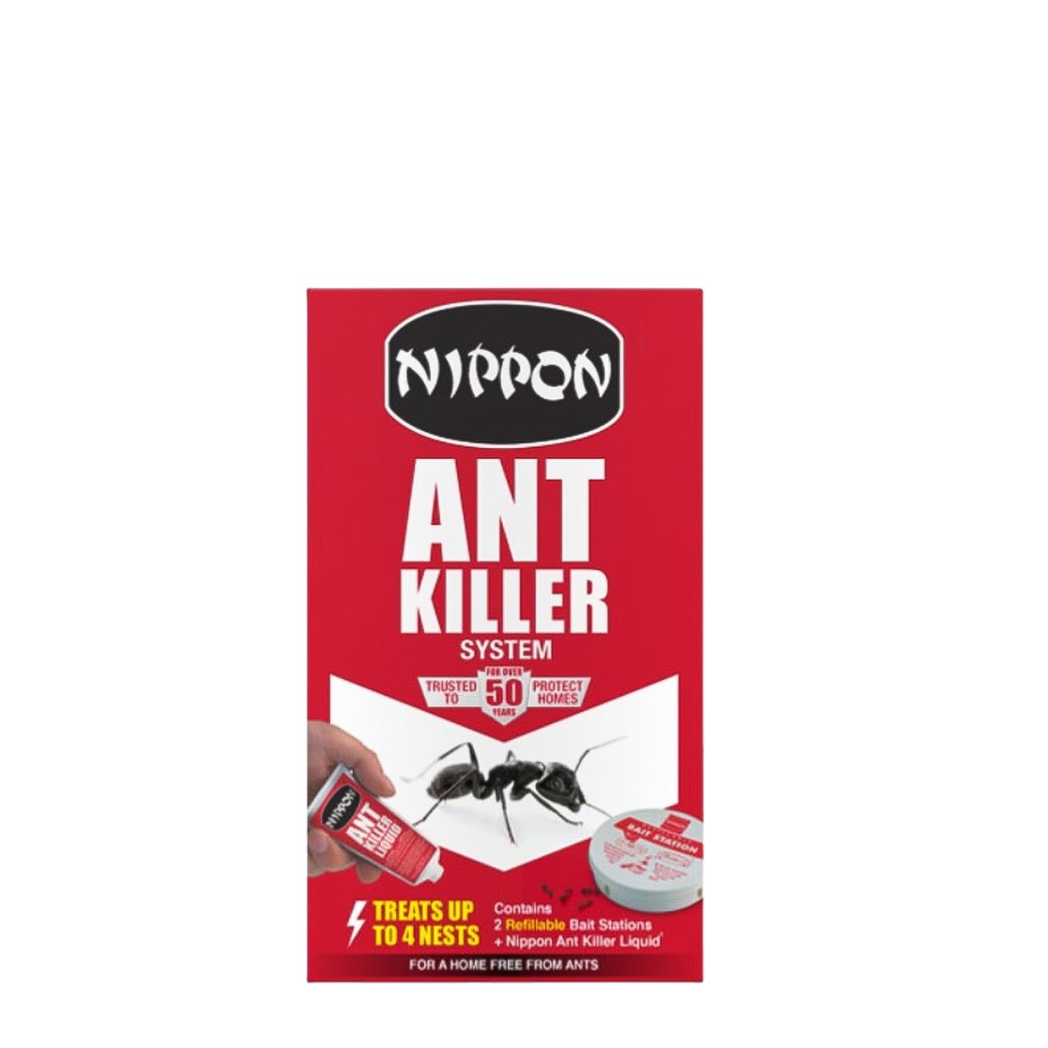 Nippon Ant Killer System Includes 2 Refillable Bait Stations + 25g Liquid Bait Indoor & Outdoor Use Eliminates Ants & Nests Long-Lasting Spinosad Formula No Mess or Trace