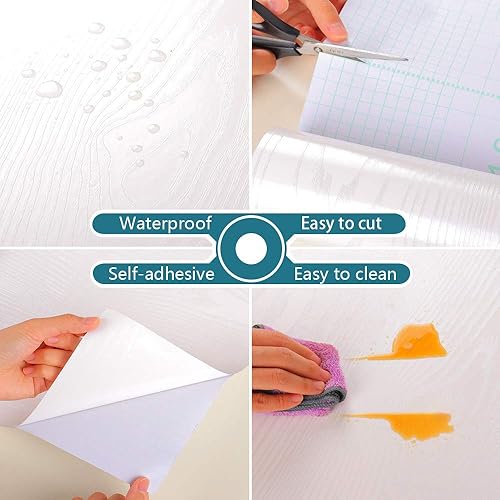 Miniatura 7 de VEELIKE Papel de contacto de madera blanca de 15.7 x 354 pulgadas, papel tapiz de madera con textura plateada, autoadhesivo, extraíble, impermeable,