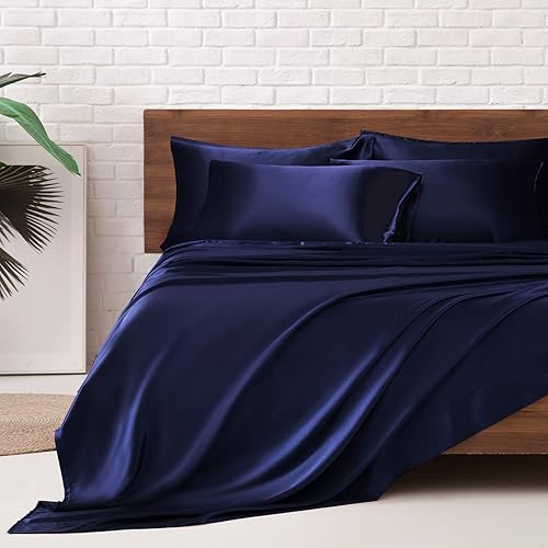 MR&HM Satin Bed Sheets, King Size Sheets Set, 6 Pcs Silky Bedding Set with 15 Inches Deep Pocket for Mattress(King, Navy Blue)