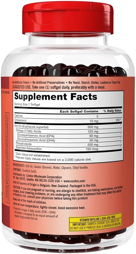 KIRKLAND Signature Krill Oil 500mg, 180 Softgels