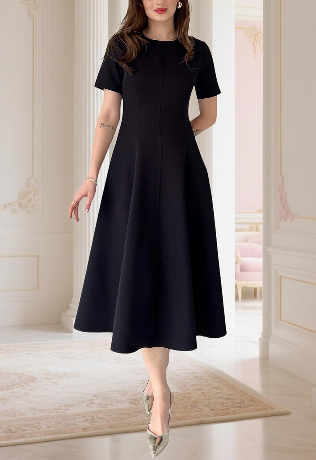 Women's Summer Round Neck Midi Dress Short Sleeve Fit and Flare Elegant A-Line Business Swing Dresses - Image 7